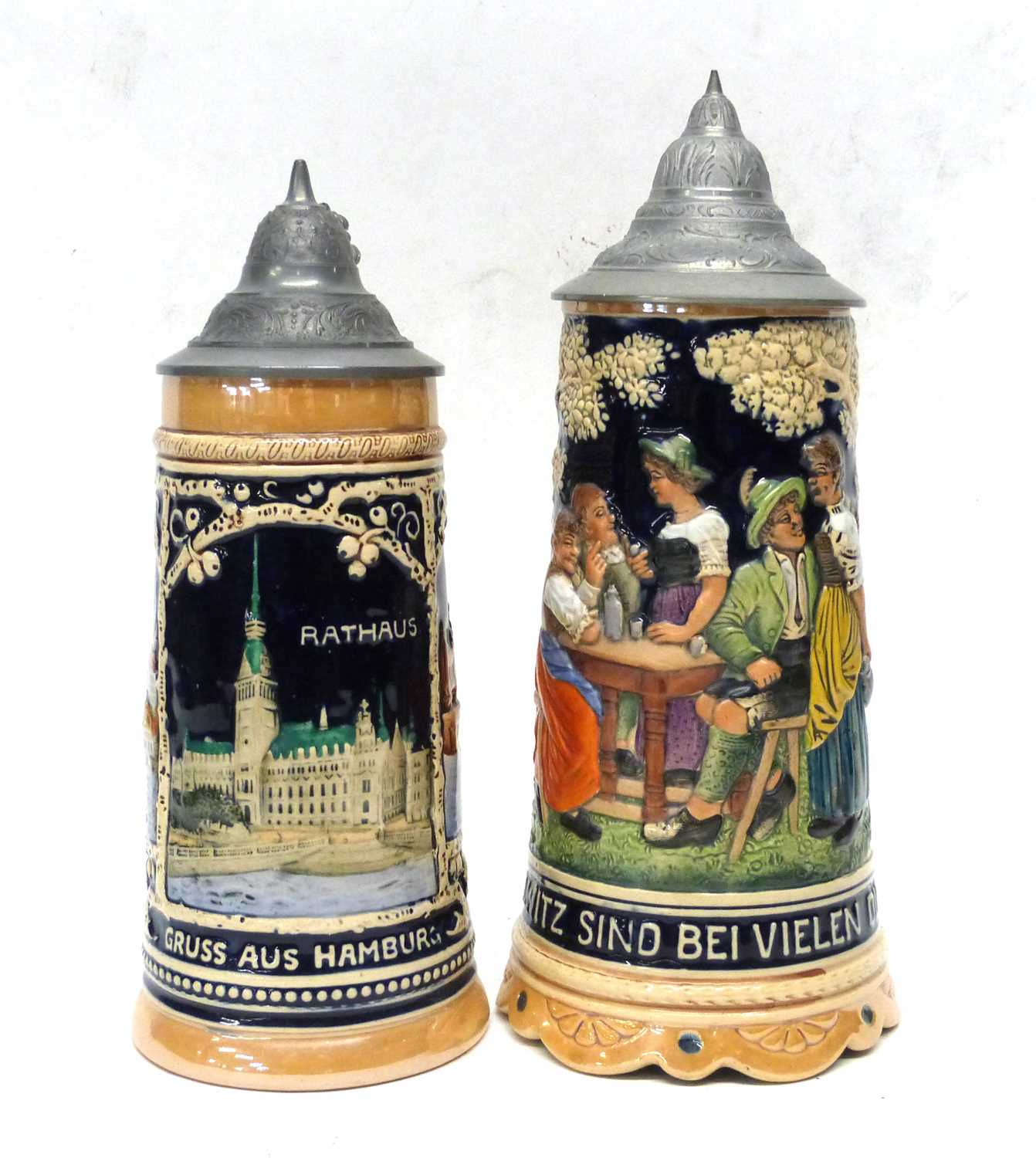 Pair of German Pottery Mettlach style steins, one entitled 'Elbbrucke', the other a musical jug - Image 4 of 8