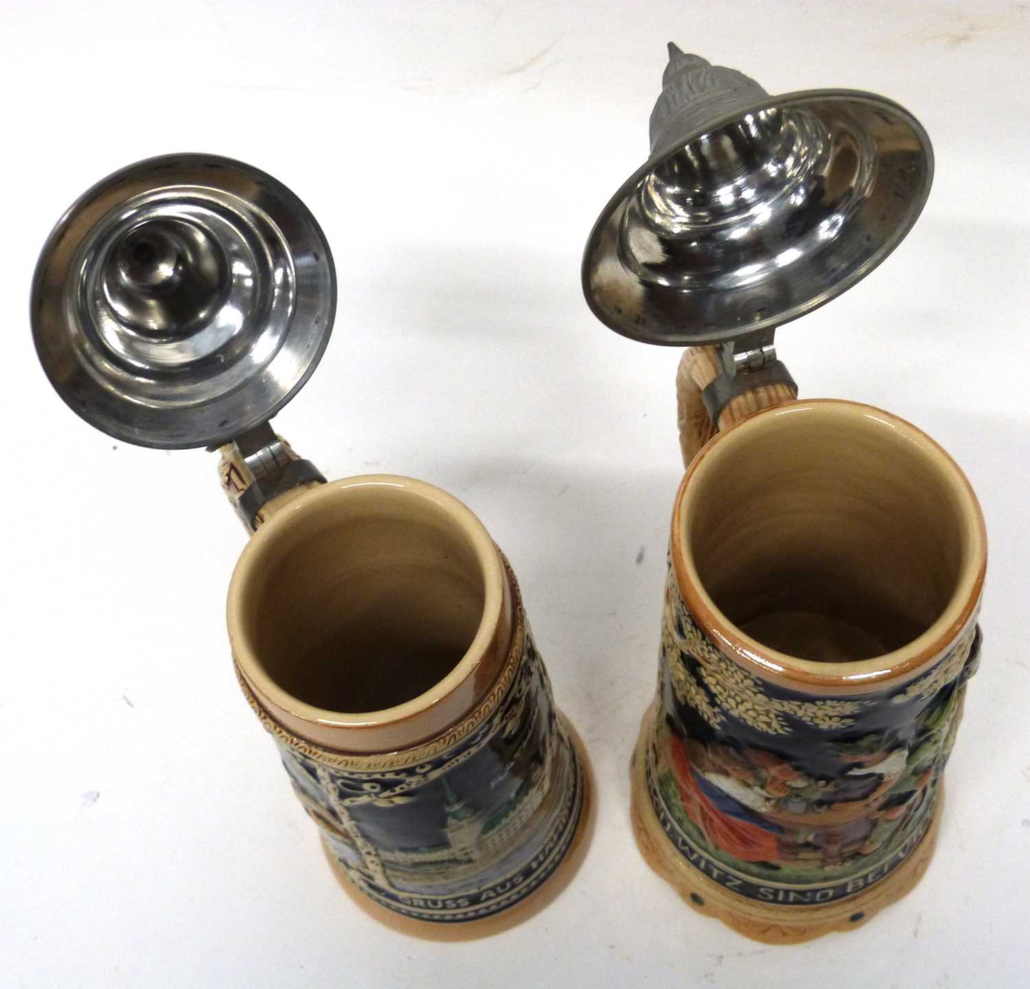 Pair of German Pottery Mettlach style steins, one entitled 'Elbbrucke', the other a musical jug - Image 8 of 8