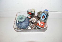 SMALL GROUP OF GLASS VASES, MODEL OF A CAT ETC