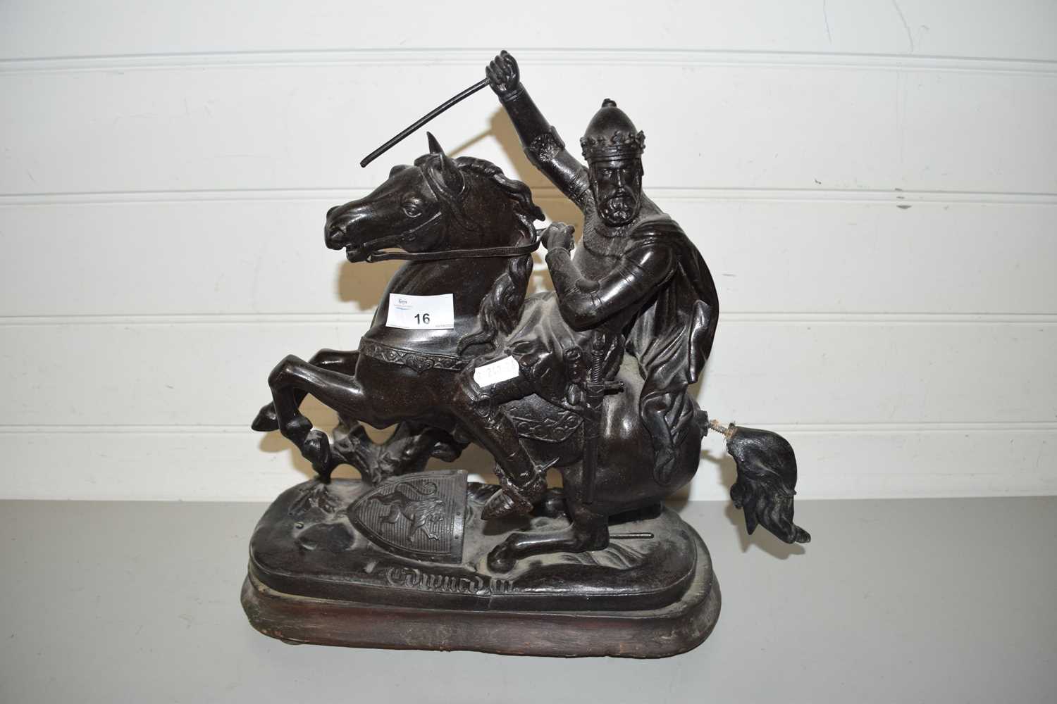 SPELTER FIGURE OF A MEDIEVAL KNIGHT ON HORSEBACK