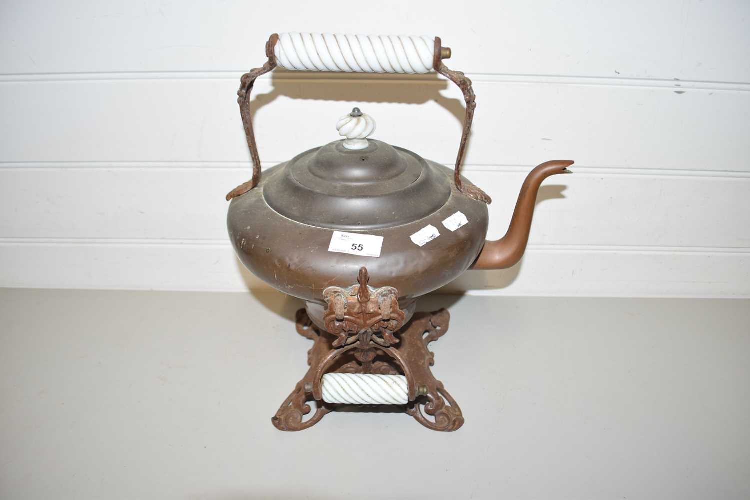 COPPER KETTLE ON STAND WITH CERAMIC HANDLE