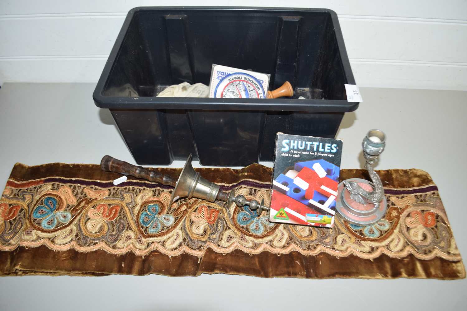 BOX CONTAINING QUANTITY OF ITEMS, MOTTO WARE, CANDLESTICKS, BADGES ETC