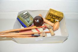 BOX CONTAINING A QUANTITY OF ITEMS, WOODEN GAVEL, LUDO BOX GAME AND OTHER SMALL HAMMERS