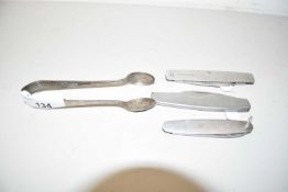PLATED PAIR OF SUGAR TONGS AND GROUP OF THREE STAINLESS STEEL PENKNIVES, ONE BY HARRISON & FISHER