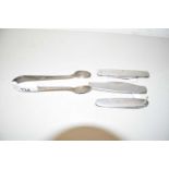 PLATED PAIR OF SUGAR TONGS AND GROUP OF THREE STAINLESS STEEL PENKNIVES, ONE BY HARRISON & FISHER