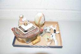 SMALL TRAY CONTAINING QUANTITY OF WADE WHIMSIES, OTHER GLASS ANIMALS, SMALL JAPANESE PORCELAIN BOX