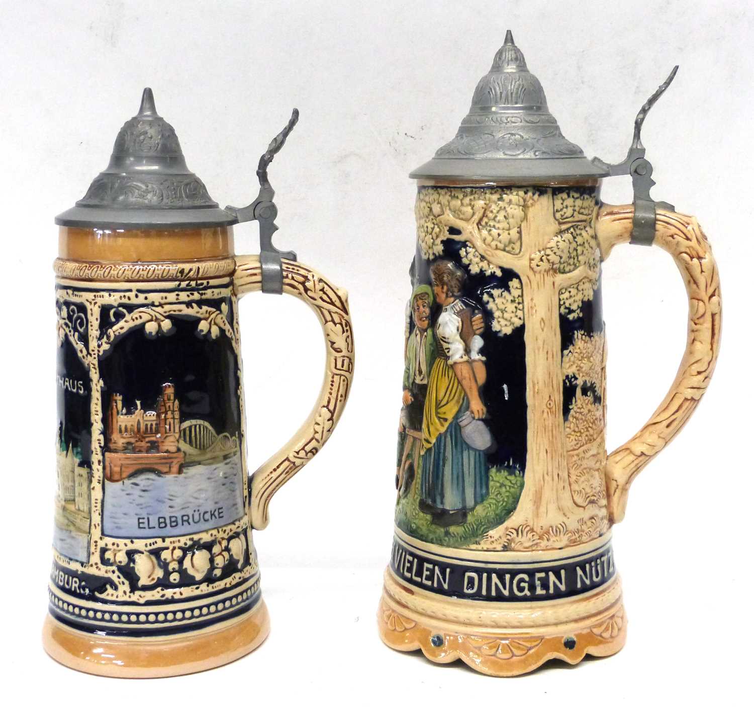 Pair of German Pottery Mettlach style steins, one entitled 'Elbbrucke', the other a musical jug - Image 5 of 8