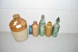 19TH CENTURY POTTERY FLAGON MARKED HODGSON AND DOWNS, STOCKTON TOGETHER WITH QUANTITY OF GINGER BEER