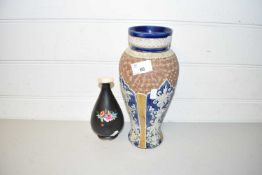 DOULTON VASE WITH TWO BLIND BLUE FLORAL DESIGN TOGETHER WITH A FURTHER CROWN DEVON VASE