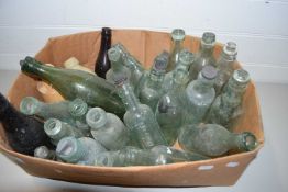 BOX CONTAINING QUANTITY OF VINTAGE GLASS GINGER BEER BOTTLES AND ALSO SOME CERAMIC BOTTLES