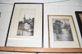 ETCHING OF BRUGES TOGETHER WITH A FURTHER ETCHING OF A FISHERMAN SIGNED IN THE MOUNT BY DOUGLAS