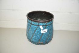 METAL JARDINIERE WITH A BLUE PAINTED DECORATION