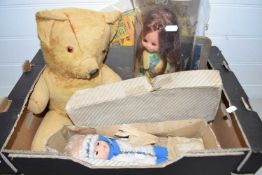 BOX CONTAINING TEDDY BEAR AND A NUMBER OF DOLLS