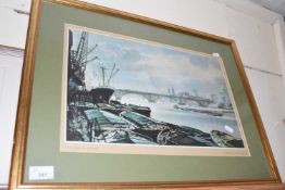 PRINT OF LONDON BRIDGE FROM HAY'S WHARF, FRAMED, FROM A PAINTING BY ROWLAND HILDER