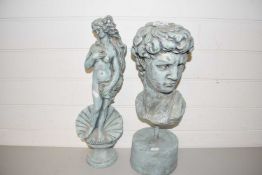 TWO RESIN FIGURES, ONE OF A ROMAN BUST AND THE OTHER OF A LADY