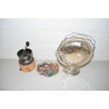 POTTERY COFFEE GRINDER, SMALL PLATED TABLE BELL AND CERAMIC SCULPTUR