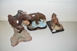 THREE FRAMED SCULPTURES OF A BEAR AND HORSE AND FOAL AND FURTHER HORSE