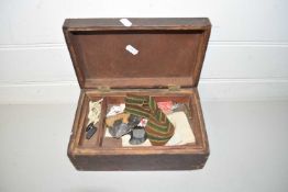 WOODEN BOX CONTAINING SMALL QUANTITY OF STAMPS AND OTHER ITEMS
