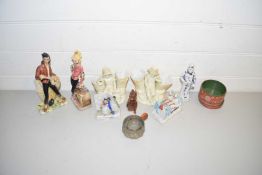 SMALL BOX OF MIXED CERAMICS, PAIR OF SPILL HOLDER FIGURES ETC