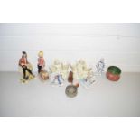 SMALL BOX OF MIXED CERAMICS, PAIR OF SPILL HOLDER FIGURES ETC