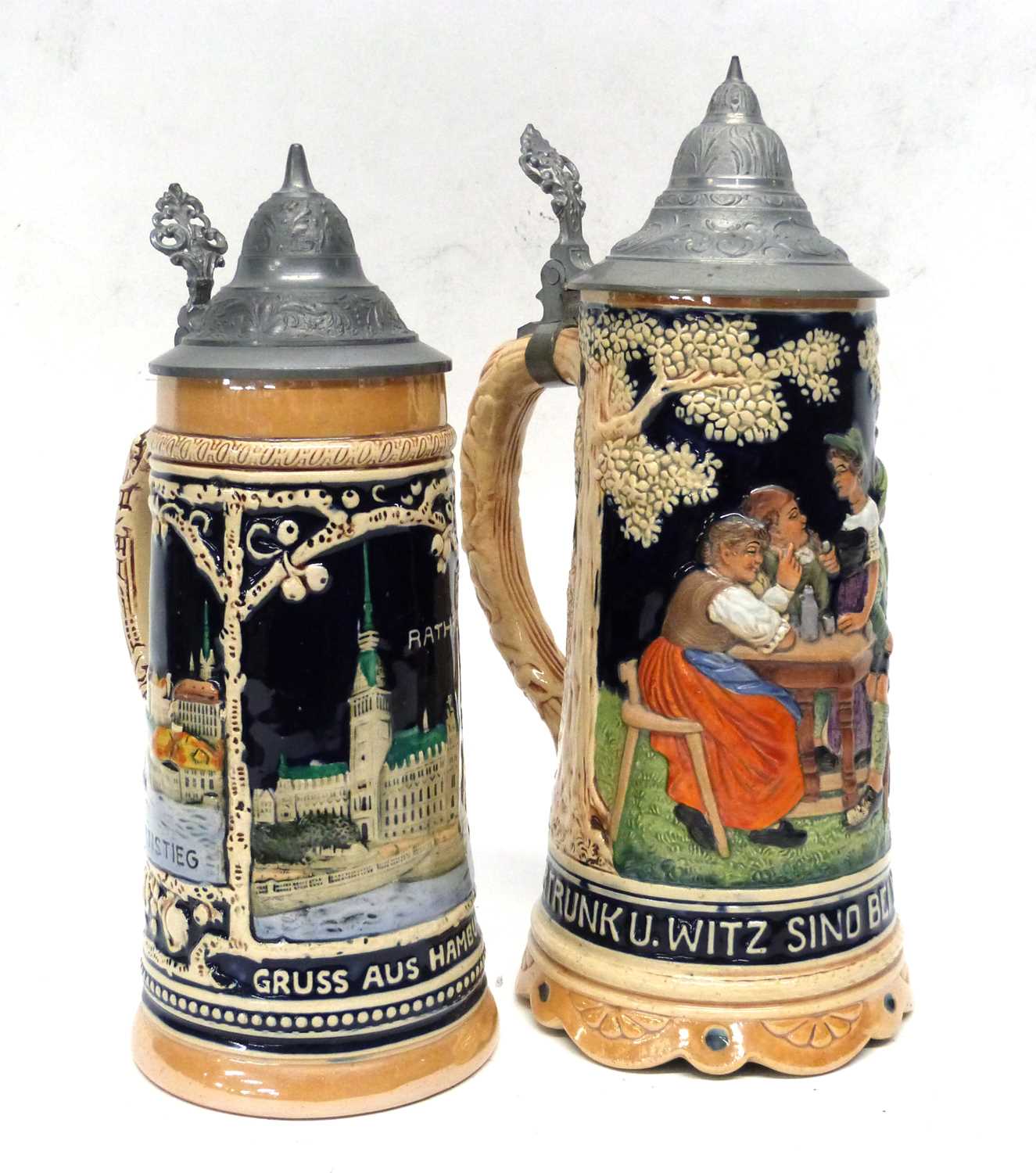 Pair of German Pottery Mettlach style steins, one entitled 'Elbbrucke', the other a musical jug - Image 3 of 8