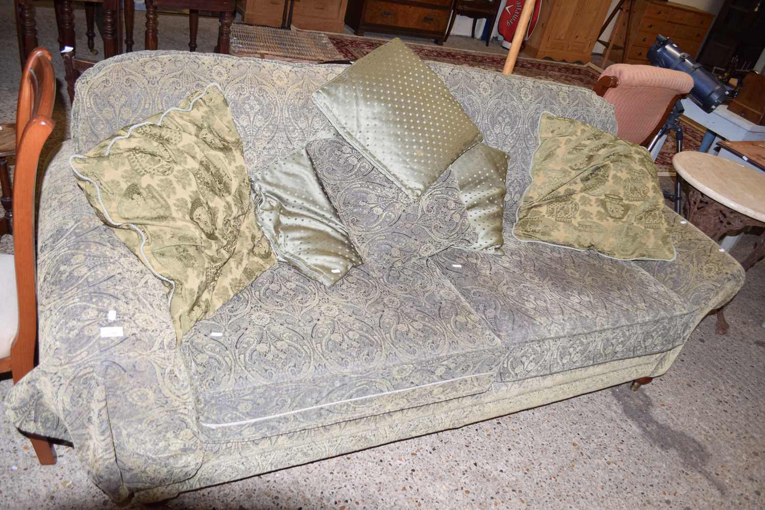 THREE SEAT FLORAL PATTERN SOFA, LENGTH APPROX 230CM