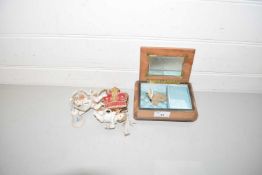 SMALL JEWELLERY BOX, PAIR OF CERAMIC FIGURES AND A SMALL FABRIC CROWN