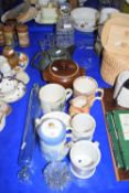 MIXED LOT OF CERAMICS TOGETHER WITH GLASS DECANTER AND GLASSES AND GLASS ROLLING PIN