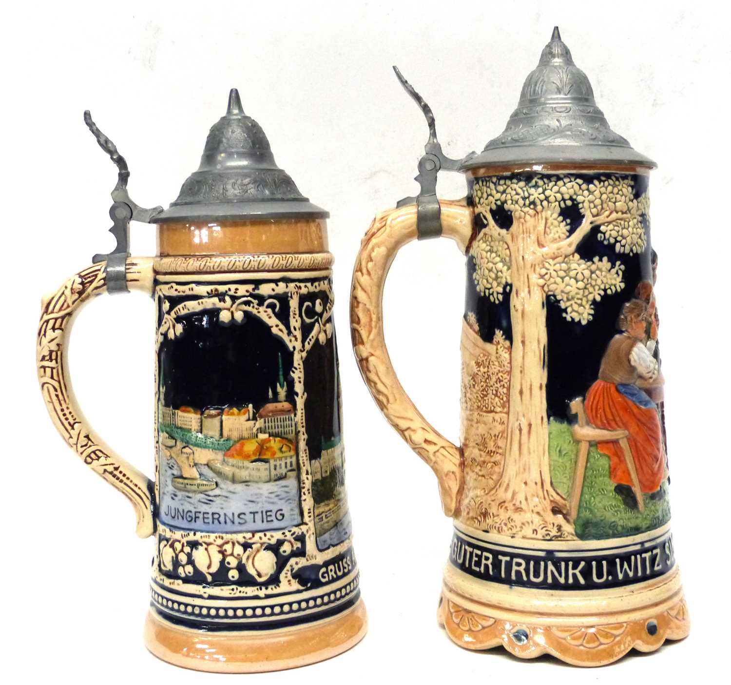 Pair of German Pottery Mettlach style steins, one entitled 'Elbbrucke', the other a musical jug - Image 2 of 8