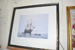 PRINT OF THE MAYFLOWER BY MICHAEL MORLEY, NUMBER ONE OF FIVE HUNDRED, SIGNED IN PENCIL IN THE MOUNT