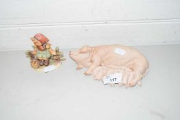 HUMMEL FIGURE WITH A AINSLEY PORCELAIN FIGURE OF A SOW AND A LITTER