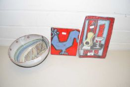 LARGE BATH POTTERY BOWL AND TWO FURTHER RED DECORATED TILES