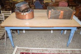 LARGE PINE TOPPED KITCHEN TABLE WITH PAINTED LEGS, APPROX 180 X 88 CM