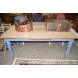 LARGE PINE TOPPED KITCHEN TABLE WITH PAINTED LEGS, APPROX 180 X 88 CM