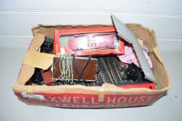 BOX CONTAINING A QUANTITY OF MODEL RAILWAY ITEMS, TRACK, TRANSFORMER AND HORNBY GOODS WAGON