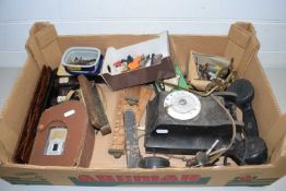 BOX CONTAINING QUANTITY OF VINTAGE TELEPHONE EQUIPMENT, WOODEN RULERS ETC