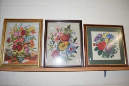 GROUP OF THREE FRAMED EMBROIDERIES OF FLOWERS