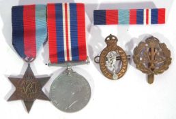 Pair of WWII Campaign medals: 1939-45 star, 1939-45 medal with ribbons and ATs and Royal Signals cap