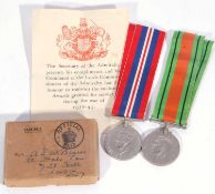 Pair of WWII medals - defence medal, 1939-45 medal in box and with paperwork to Alfred Edwin