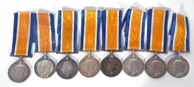 Quantity of 8 WWI British war medals to include: 5200 PTE F Acott, West Kent Regiment; 21514 PTE