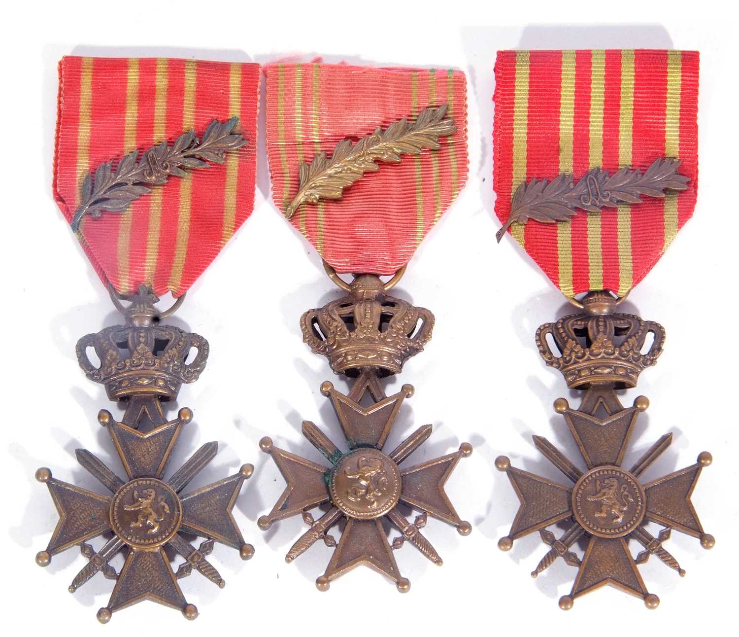 2 x WWI Belgian Croix de Guerre with palm leaf, together with WWI Croix de Guerre with palm leaf (