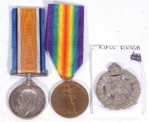 WWI British medal pair - war medal, victory medal to S-33577 PTE HJ Hawes, Rifle Brigade with