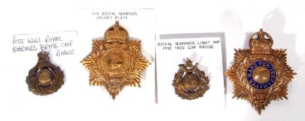 Quantity of 4 Royal Marines and Royal Marine Light Infantry helmet plates / cap badges with Kings