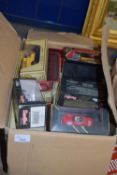BOX OF CASED CORGI AND OTHER TOY CARS AND VEHICLES