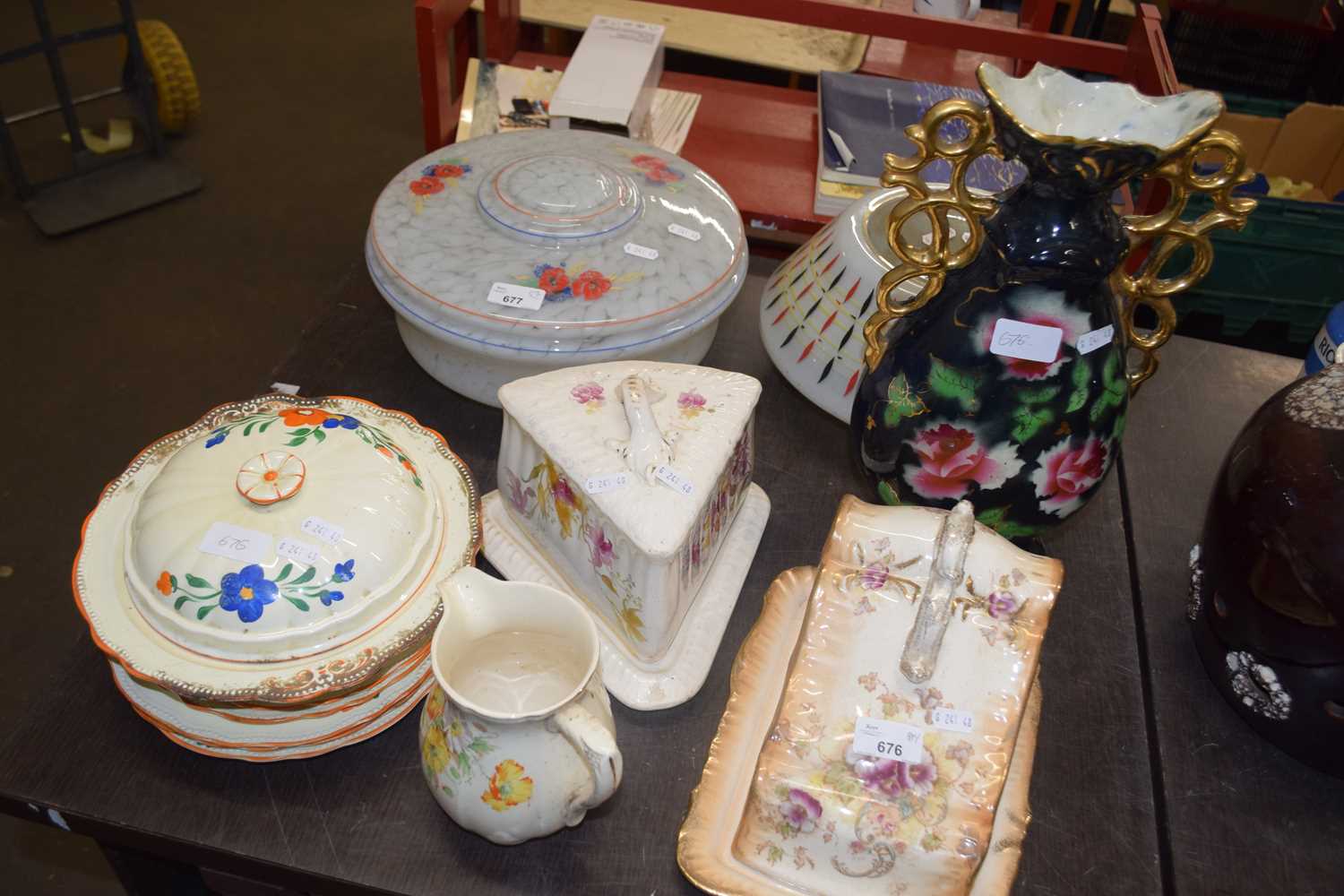 CHEESE DISHES, GILT HANDLED VASE AND VARIOUS OTHER CERAMICS