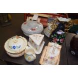 CHEESE DISHES, GILT HANDLED VASE AND VARIOUS OTHER CERAMICS