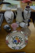 MIXED LOT: FRANKLIN MINT VASE, FLAT BOTTOM DECANTER, OPAQUE GLASS VASE, VARIOUS OTHER GLASS AND