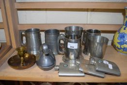 MIXED LOT: VARIOUS PEWTER TANKARDS, HIP FLASKS, MODEL DUCK, CHAMBER STICK ETC