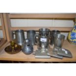 MIXED LOT: VARIOUS PEWTER TANKARDS, HIP FLASKS, MODEL DUCK, CHAMBER STICK ETC