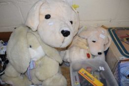 LARGE SOFT TOY DOG FROM KEEL TOYS TOGETHER WITH SMALLER EXAMPLES AND A LARGE SOFT TOY RABBIT